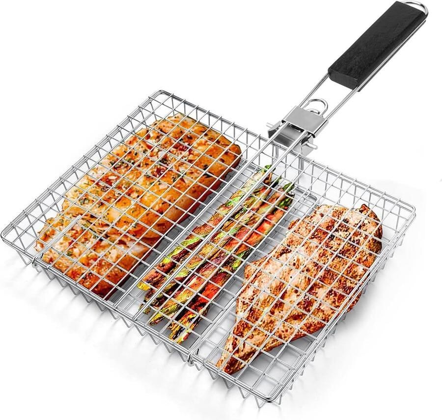 Vis Groente Grill Mand Barbecue Hulpmiddel Buiten Koken Opvouwbaar Ontwerp 31 x 24 cm Zilverkleurig