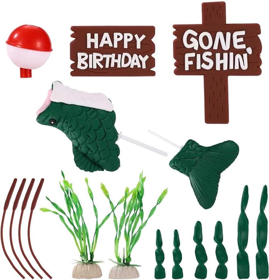 Vis Taart Topper Gone Fishing Taart Decoraties met Riet Happy Birthday Bord Vis Vlotter voor Vissers Thema Feest Verjaardag Feestartikelen