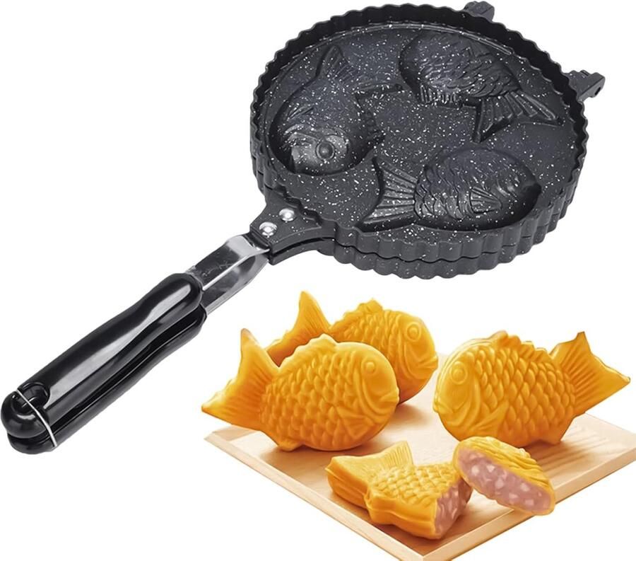 Vis Wafelijzer Pannenkoek Bakpan Japanse Snacks Maken Antiaanbak Aluminium 22 x 42 cm Zwart