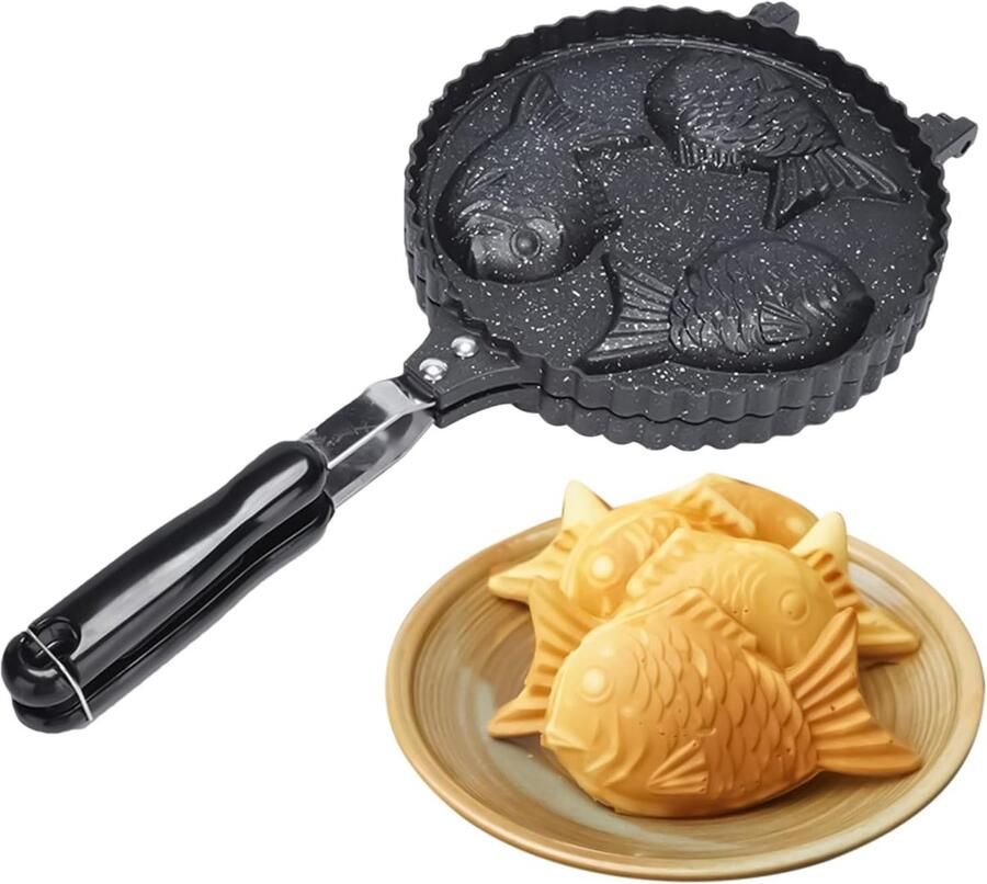 Vis Wafelijzer Taiyaki Pan Ontbijt Maken 3-holte Non-stick 41 x 20 cm Zwart