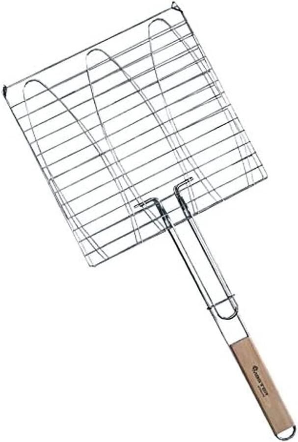Visgrill Vishouder Barbecue Houten handvat 28x28cm Verchroomd