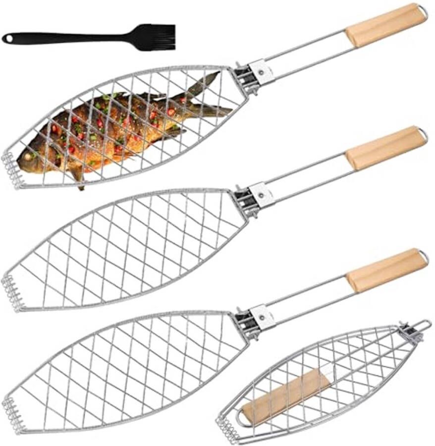 Visgrillhouder met Houten Handvat 3 x Rooster RVS Fisch Grill Klem Vouwbaar en Draagbaar