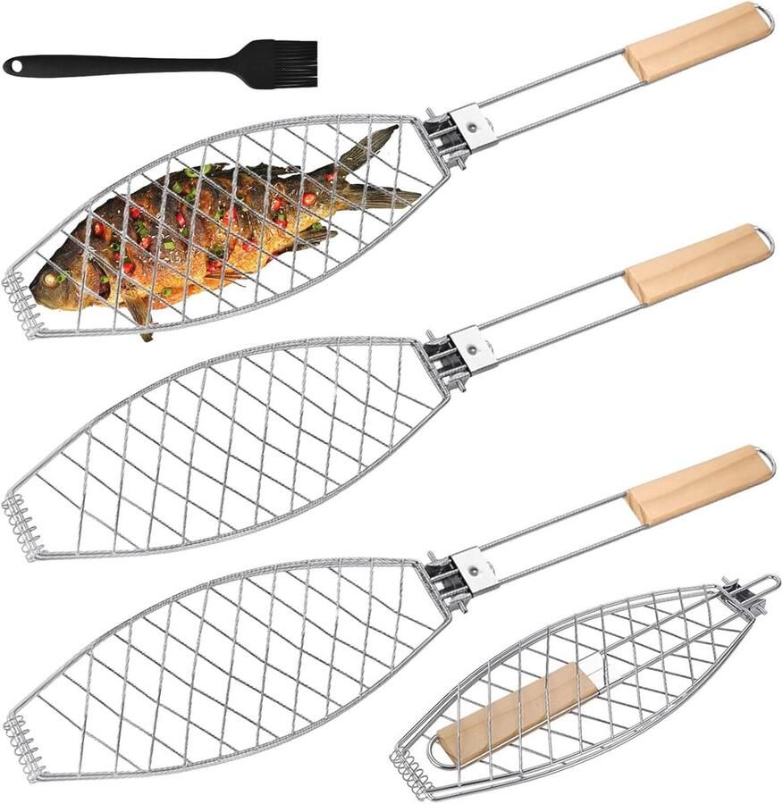 Visgrillhouder met Houten Handvat 3 x Rooster RVS Fisch Grill Klem Vouwbaar en Draagbaar