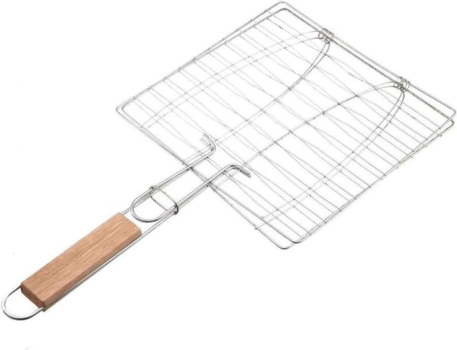 Visgrillmand BBQ mand Vis grillen Houten handvat 42.5 cm Zilverkleurig