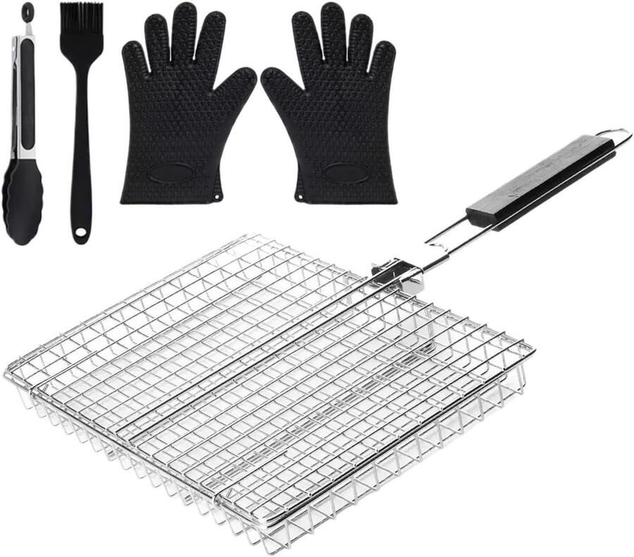 Visgrillmand Draagbaar Grillrek Buiten Koken Opvouwbaar Ontwerp 32x46.5 cm Zilver