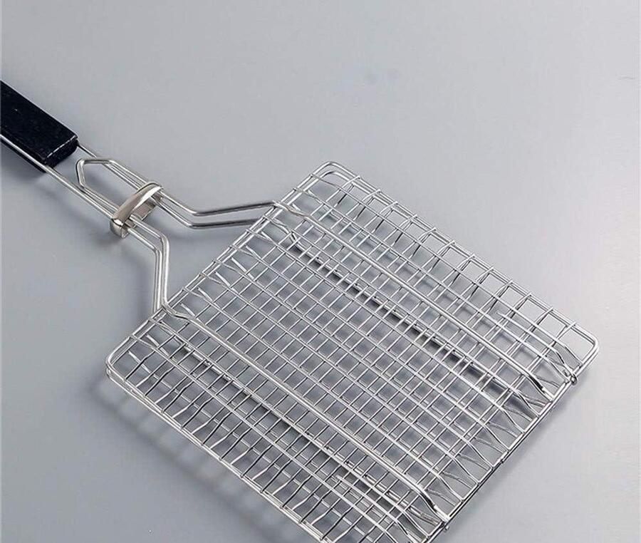 Visgrillmand Grillklem Barbecueën Roestvrij staal Houten handvat Zilver