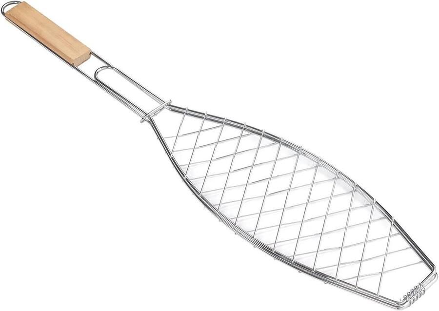 Visgrillmand Grillmand Buiten Grillen Met Houten Handvat Compact Formaat Zilver