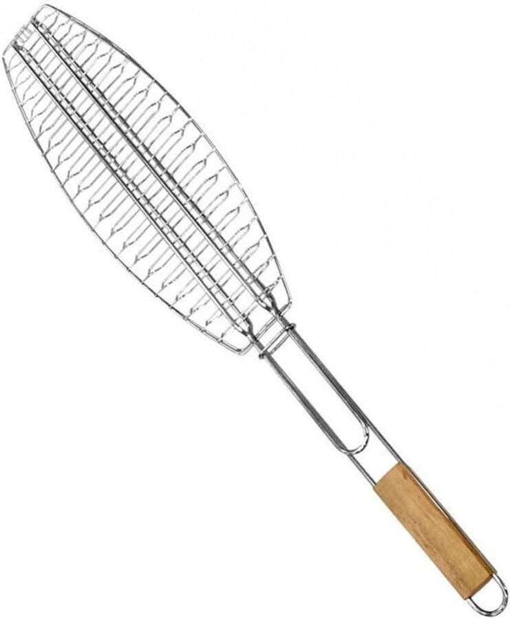 Visgrillmand Groot grillrek Barbecueën Afneembaar houten handvat 56 x 12 cm Metaalkleur