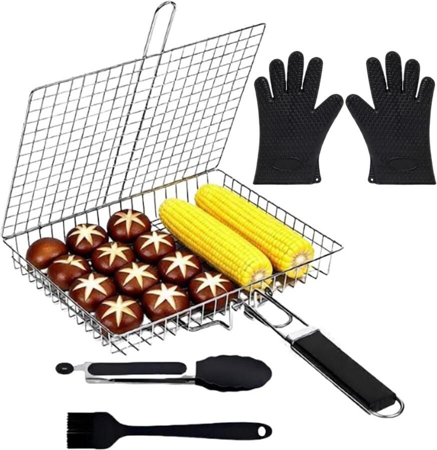 Visgrillmand Opvouwbaar Grillrooster Buiten Koken Roestvrijstalen Constructie 32x46.5 cm Zilverkleurig