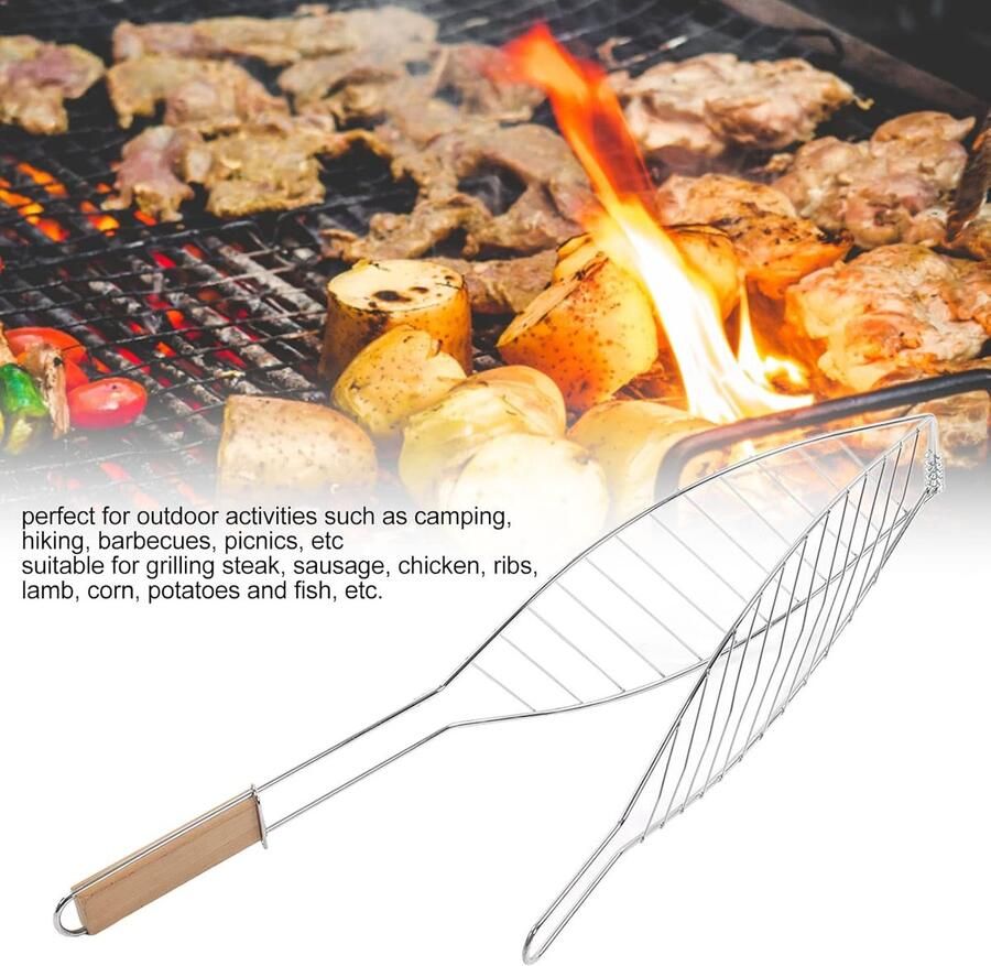 Visgrillmand Roestvrij staal Buiten grillen Met houten handvat 67 x 15 cm Zilver