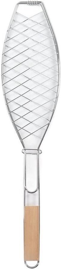 Visgrillmand Roestvrijstaal Barbecue mand Buiten koken Met houten handvat Compact formaat Zilver