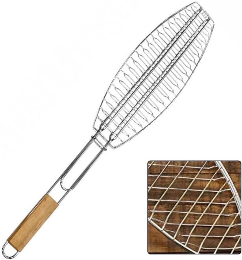 Visgrillmand Roestvrijstaal BBQ Rek Vis Grillen Houten Handvat Anti-aanbak 56 cm Groot Metallic