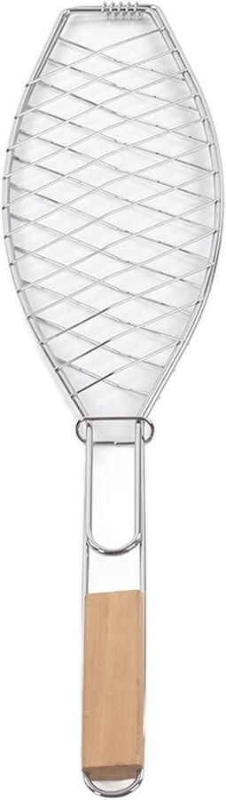 Visgrillmand Roestvrijstaal mand Barbecueën buiten Houten handvat Compact ontwerp Zilver