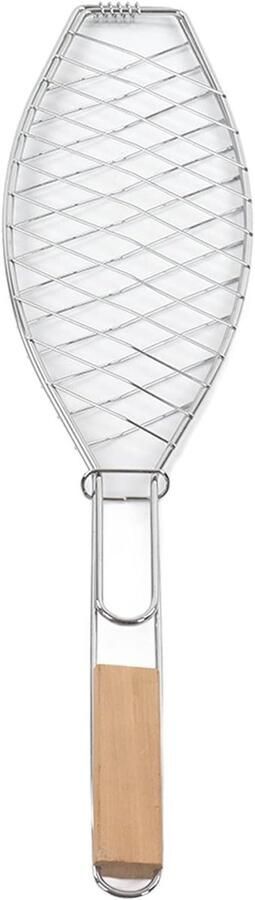 Visgrillmand Roestvrijstaal Mand Buiten Grillen Houten Handvat Compact Formaat