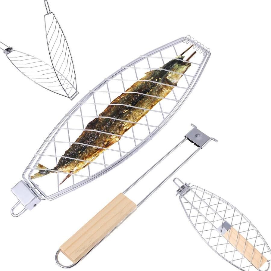 Visgrillmand Vismand Grill Vis Grillen Visvormig Ontwerp 62 x 12 cm Zilver Houtkleur