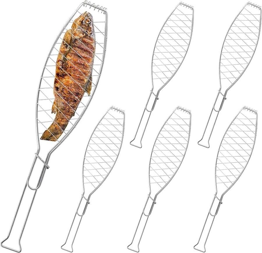 Visklem bbq set van 6 visrooster voor de barbecue met handgreep totale lengte 54 cm rvs zilver