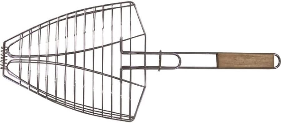 Visrooster Dubbel Grillplaat Vis Buiten Koken Houten Handvat 61x25 cm Zilverkleurig