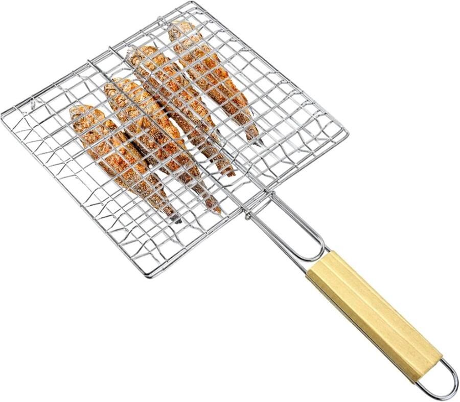 Visgrillrek BBQ mand groenten Buiten koken Hout handvat 42x23cm