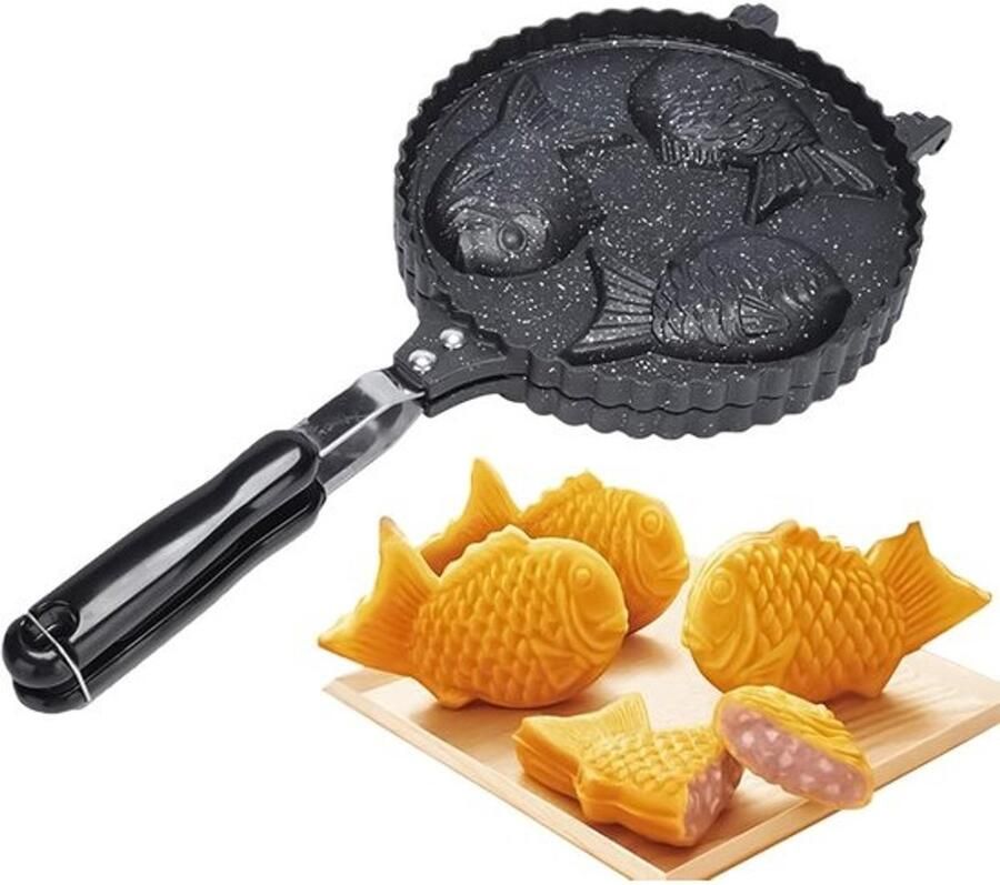 Visvormige Wafelmaker Wafelijzer Pan Ontbijt Snacks Antiaanbaklaag Lange Steel 41x20cm Zwart