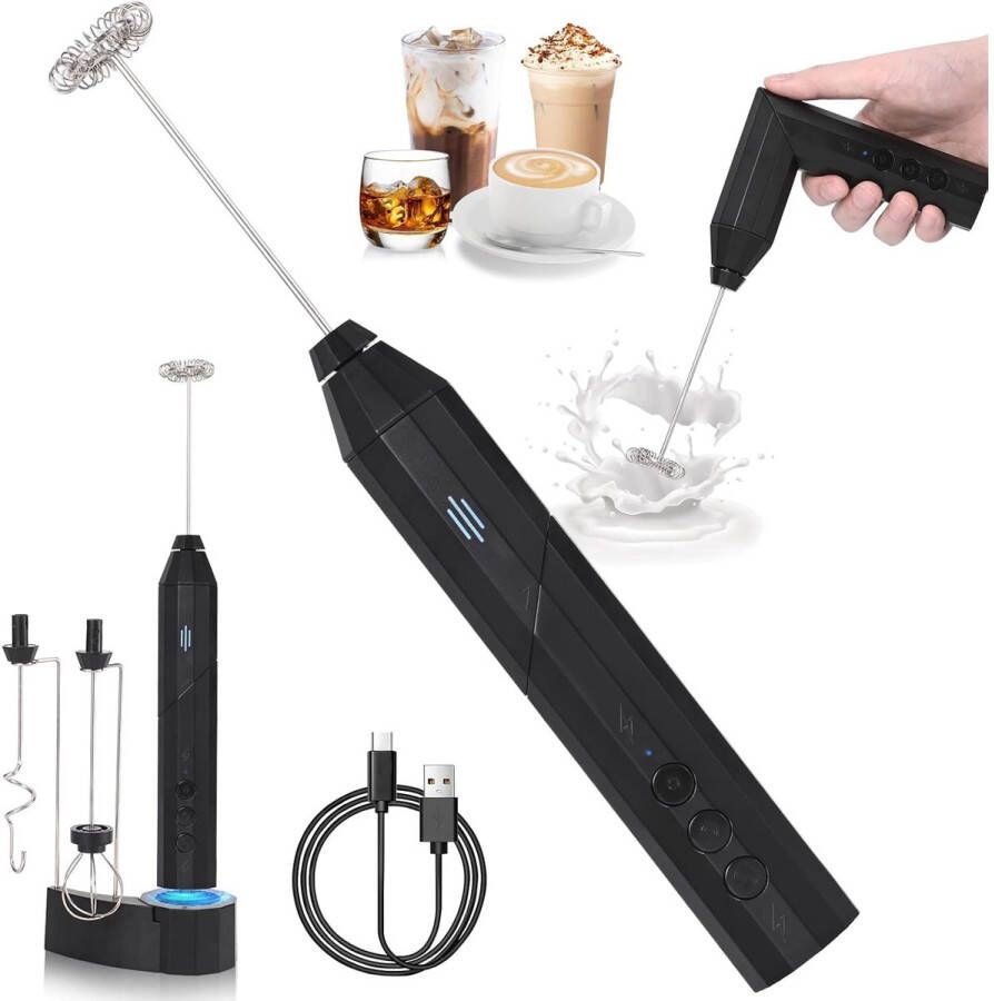 Vitdipy Melkopschuimer Elektrisch met Houder Oplaadbaar Matcha Klopper Verstelbaar Zwart