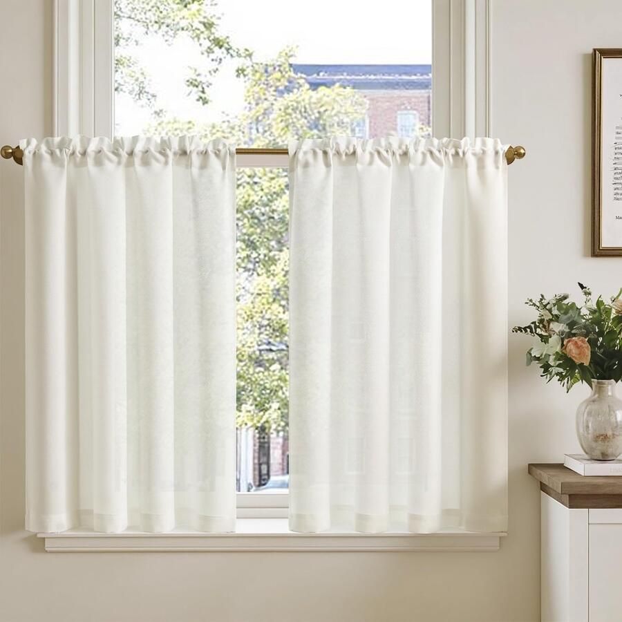 Vitrage 2-delige set 90Hx90B cm wit linnenlook moderne gaasgordijn lichtdoorlatend schermgordijn voor keuken en woonkamer landhuisstijl