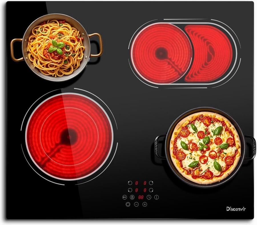 Vitroceramische kookplaat 4 pitten 6600 W dubbele ovale barbecuezone 9 vermogensstanden pauzefunctie timer veiligheidsslot
