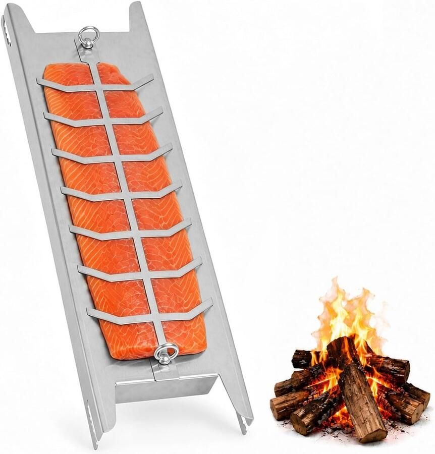 Vlamzalmplank van roestvrij staal 59 5 cm vishouder grill 180 graden draaibaar en 5-voudig verstelbaar grillaccessoires voor vuurschaal kogelgrill en BBQ herbruikbaar