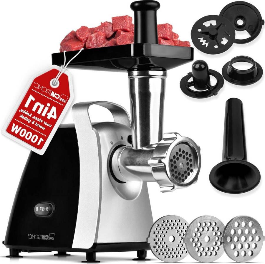 1000W elektrische Vleesmolen met opzetstuk voor koekjes-spuitgebak 3 metalen schijven voor- en terugloop incl. worstvuller metalen hals en slak FW 3803 Vleesmolen - Foto 2