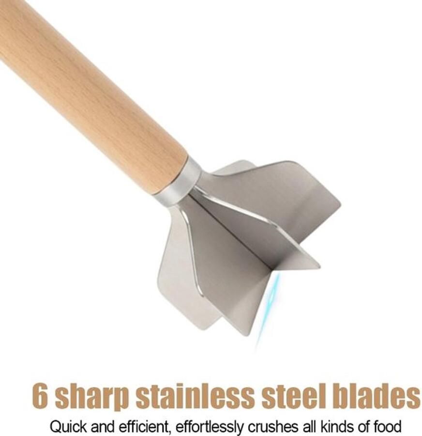 Vleesmolen 6-blad roestvrij staal Gehaktverdeler Aardappelstamper Houten handvat 28 cm lang Ergonomisch ontwerp Vleesvermaler