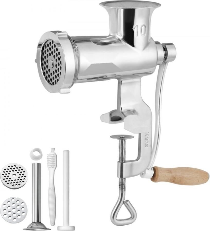 Vleesmolen Handmatige Vleeswolf RVS Met Tafelklem Handslinger 2 Maalschijven Worstvuller Klemopening 0–4 5 cm