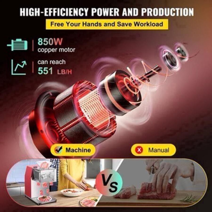 Vleesmolen Keukenmachine Keukenrobot Groentesnijder 850W 50Hz 1440 RPM Bladruimte 3.5 mm Foodprocessor Gehaktmolen Rood