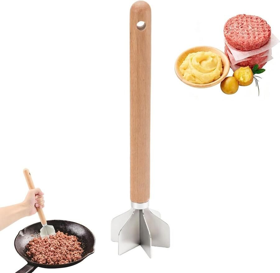 Vleesmolen multifunctionele hakmolen met houten handvat aardappelpers van roestvrij staal voor groenten aardappelen rundvlees gevogelte 28 cm