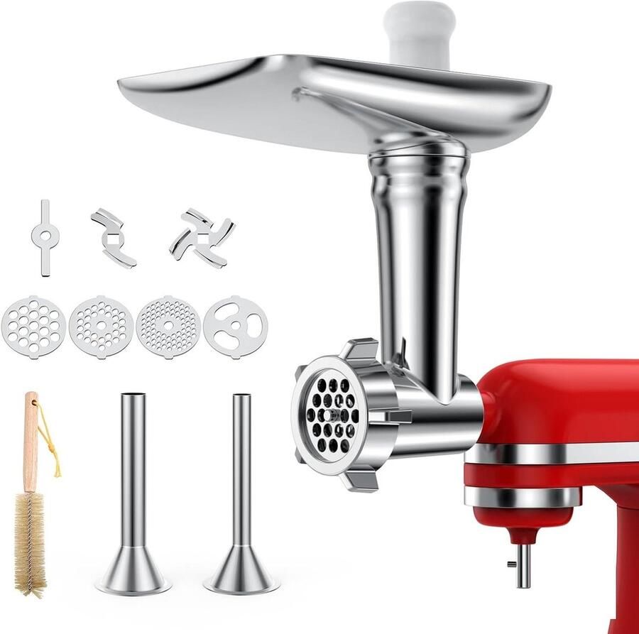 Vleesmolen Opzetstuk Keukenmachine Accessoire Zelf Worsten Maken 4 Maalschijven 2 Buizen 1200 Gram Zilver