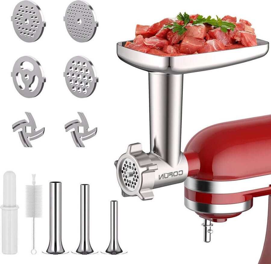 Vleesmolen opzetstuk met 4 maalschijven en 3 worstvullingen voor Kitchen Aid Aluminiumlegering Vleesmolen
