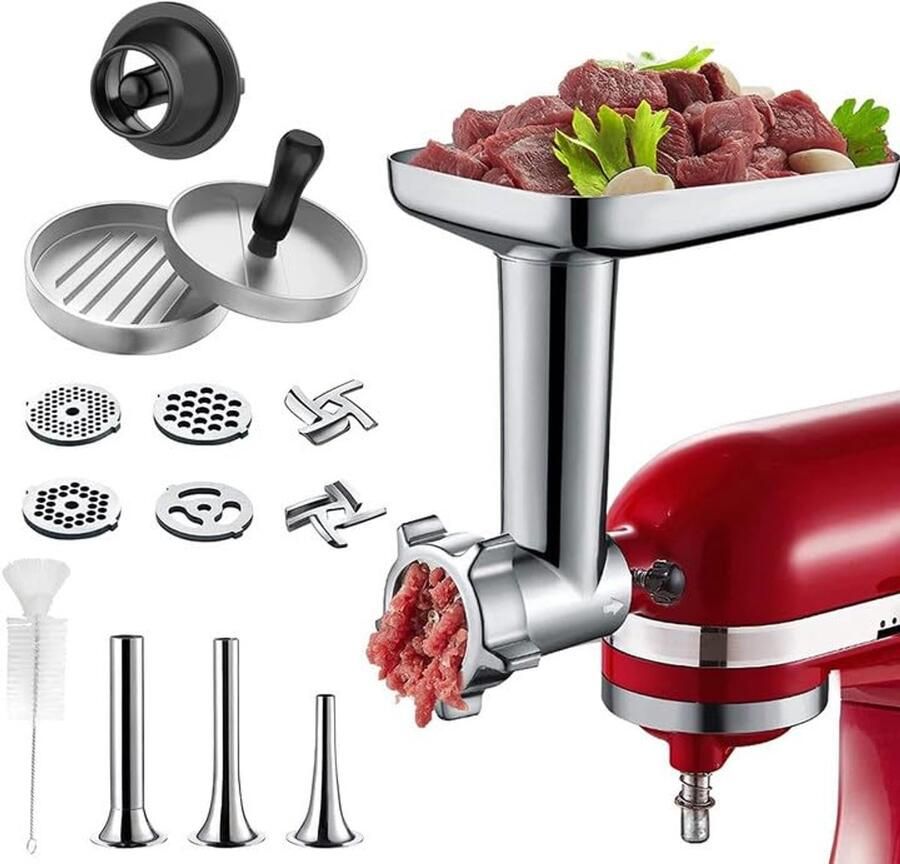 Vleesmolen-opzetstuk met burgerpers voor Keukenmachines 4 Maalschijven & 3 Worstvullers
