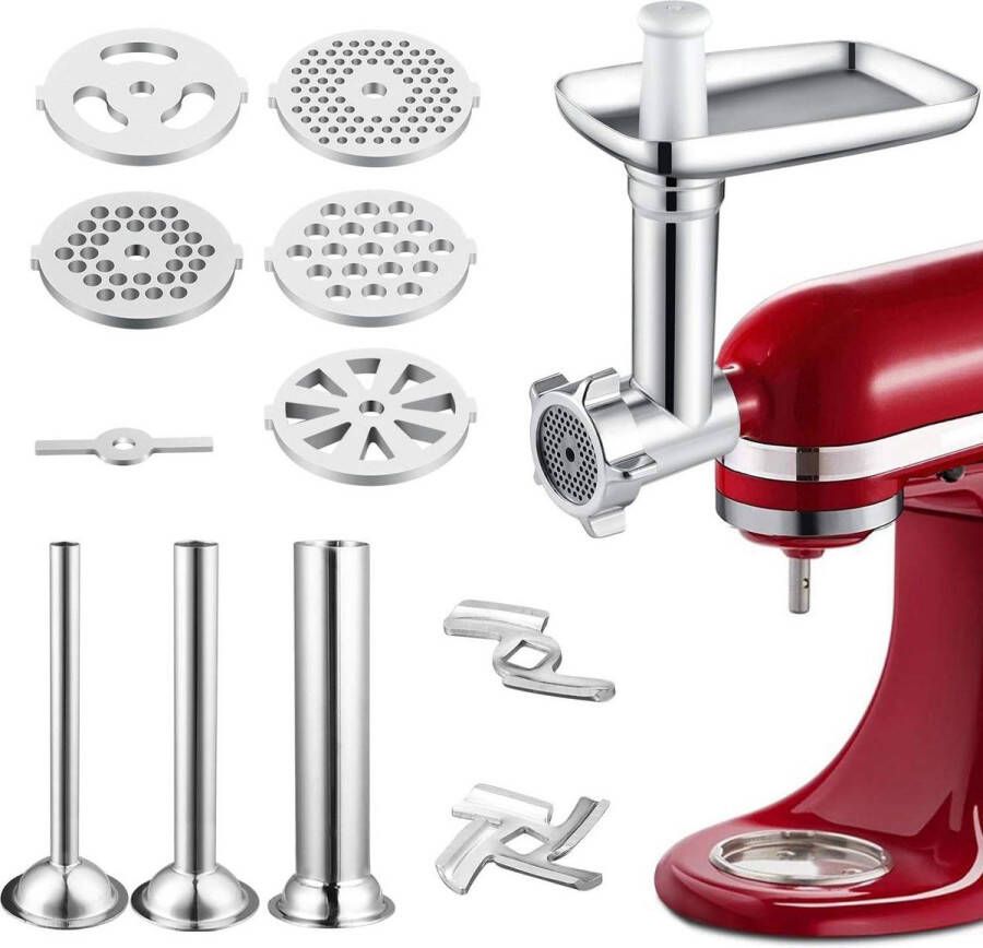 Vleesmolen-opzetstuk voor alle KitchenAid PHISINIC keukenmachines 3 worstvullers 2 maalmessen 5 maalschijven