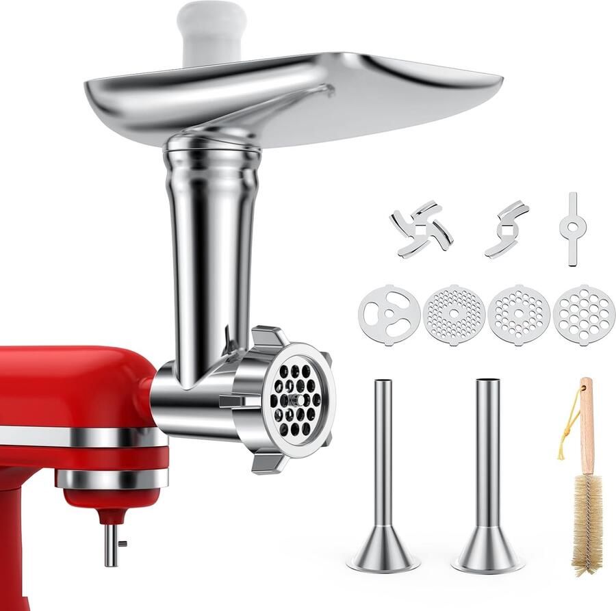 Vleesmolen-opzetstuk voor KitchenAid met 4 maalschijven 2 worstvulbuizen ideaal voor het maken van verse worsten Vemera