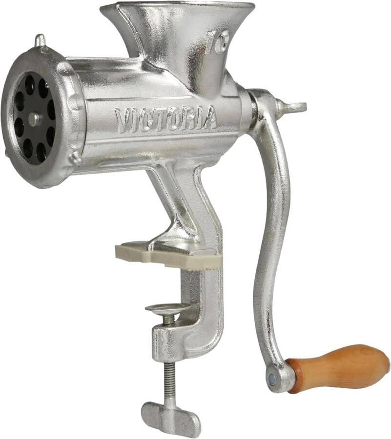 Vleesmolen schroefklem tafelmontage vertind gietstaal zilver met geperforeerde schijf worstvultrechter opzetstuk voor koekjes Gehaktmolen