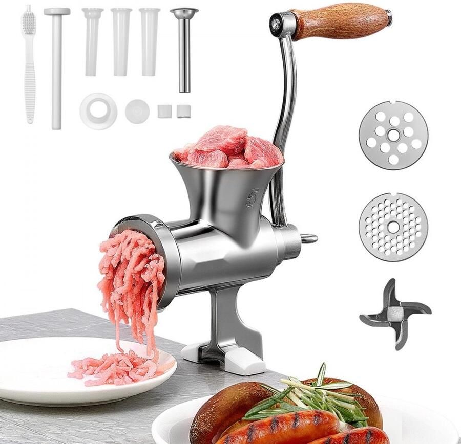 Vleesmolen gehaktmolen Handmatig met worstvuller RVS 304 Tafelklem Inclusief 2 snijplaten 4 5 mm & 8 mm Inclusief 4 worstbuizen