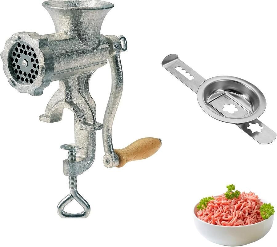 Vleesmolenset 2-delig 1 vleesmolen + 1 opzetstuk voor koekjes incl. schroefklem voor tafelmontage vertind gietstaal roestvrij staal hout zilver 975222E6