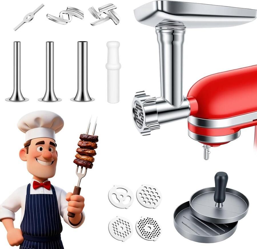 Vleesmolenset voor keukenmachine RVS Inclusief malen worst maken en hamburgers Voor eenvoudig thuisgebruik ShopVlot
