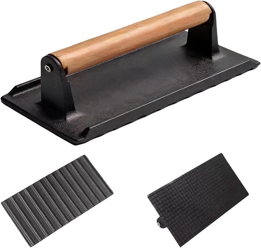 Vleespers Gietijzer Burger Pers Sappige Steaks Houten Handvat 16 x 8 cm Zwart