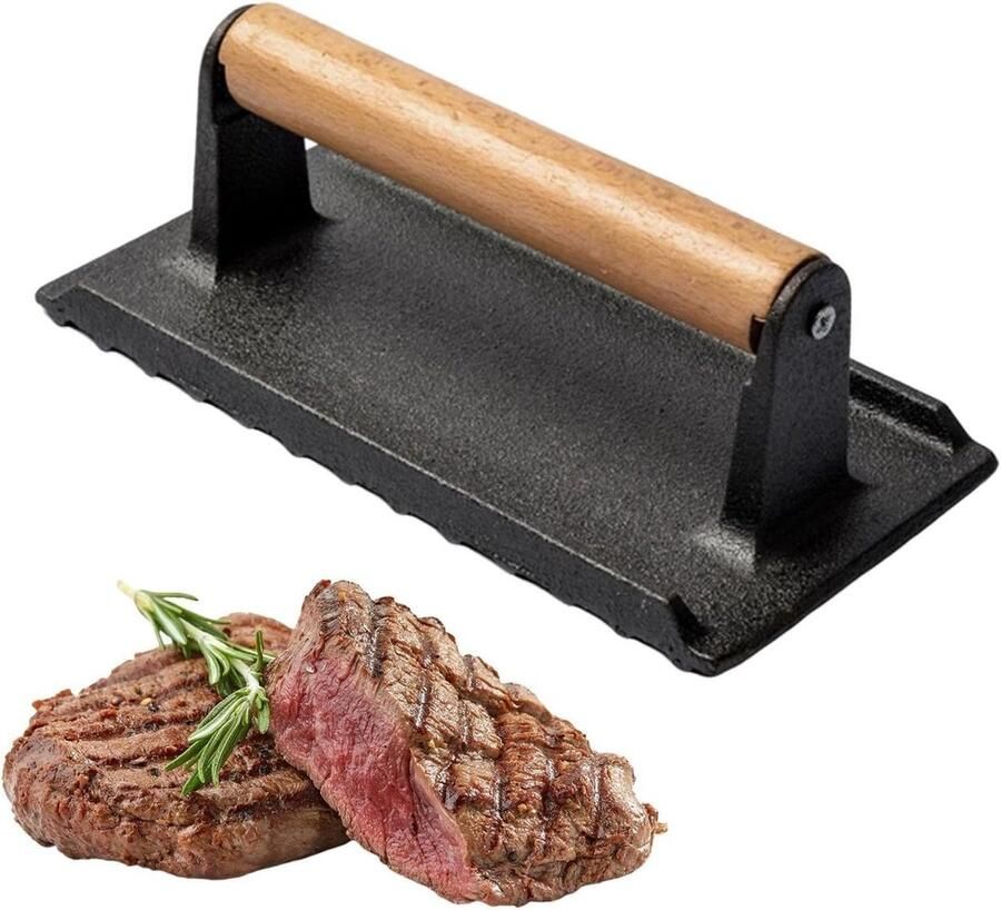 Vleespers Gietijzer Grillpers Keuken Gelijkmatig Grillen Hittebestendig Handvat 20 x 10.5 cm Zwart