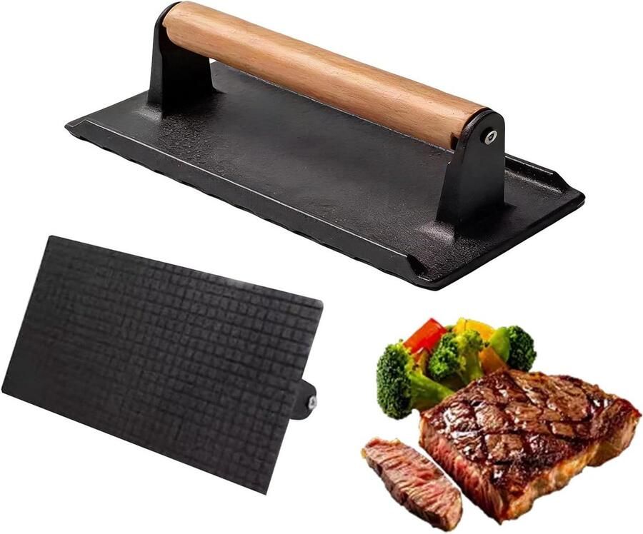 Vleespers Grill pers Hamburger Gelijkmatig Grillen Houten Handvat 16 x 8 x 8 cm Zwart
