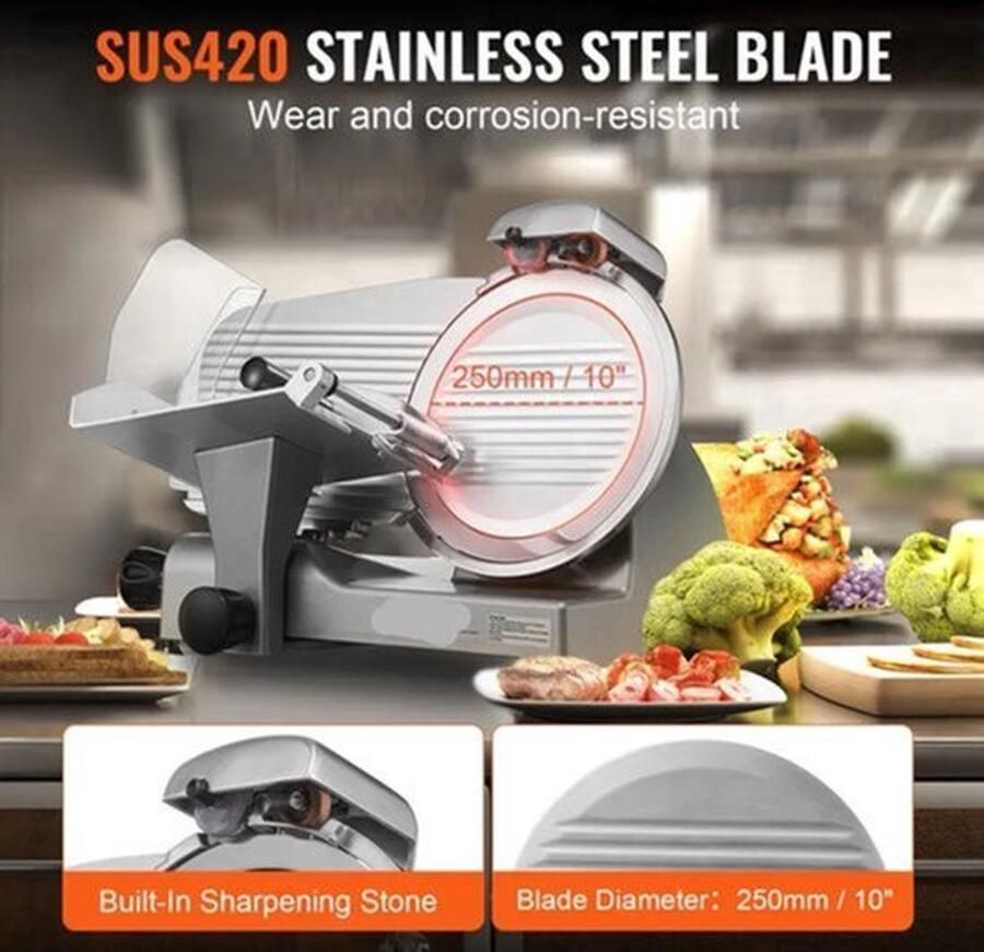 Vleessnijmachine Vleessnijder Snijmachine Broodsnijmachine Elektrische 10 Inch Roestvrijstalen Mes Allessnijder Ingebouwde Slijpsteen – Instelbare Snijdikte 0-15 mm – Perfect voor Deli en Thuisgebruik