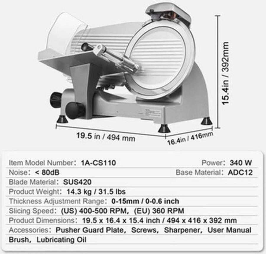 Vleessnijmachine Vleessnijder Snijmachine Broodsnijmachine Elektrische 10 Inch Roestvrijstalen Mes Allessnijder Ingebouwde Slijpsteen – Instelbare Snijdikte 0-15 mm – Perfect voor Deli en Thuisgebruik