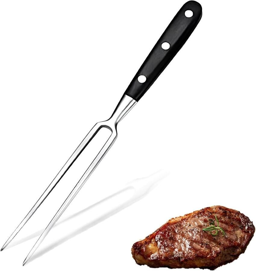 Vleesvork met handvat grillvork roestvrij staal grillvork van roestvrij staal voor barbecue keuken kalkoen braden diner (zwart)