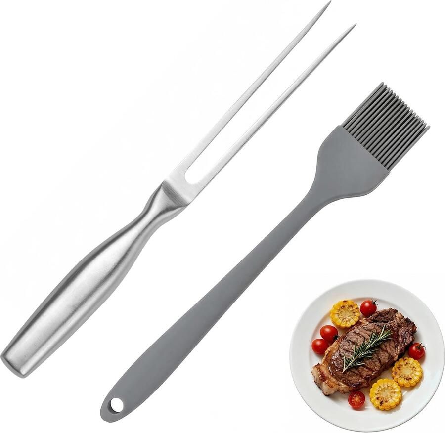 Vleesvork roestvrij staal 27 cm grillvork met siliconen olieborstel ergonomische handgreep voor kalkoen grillen trancheren camping keuken
