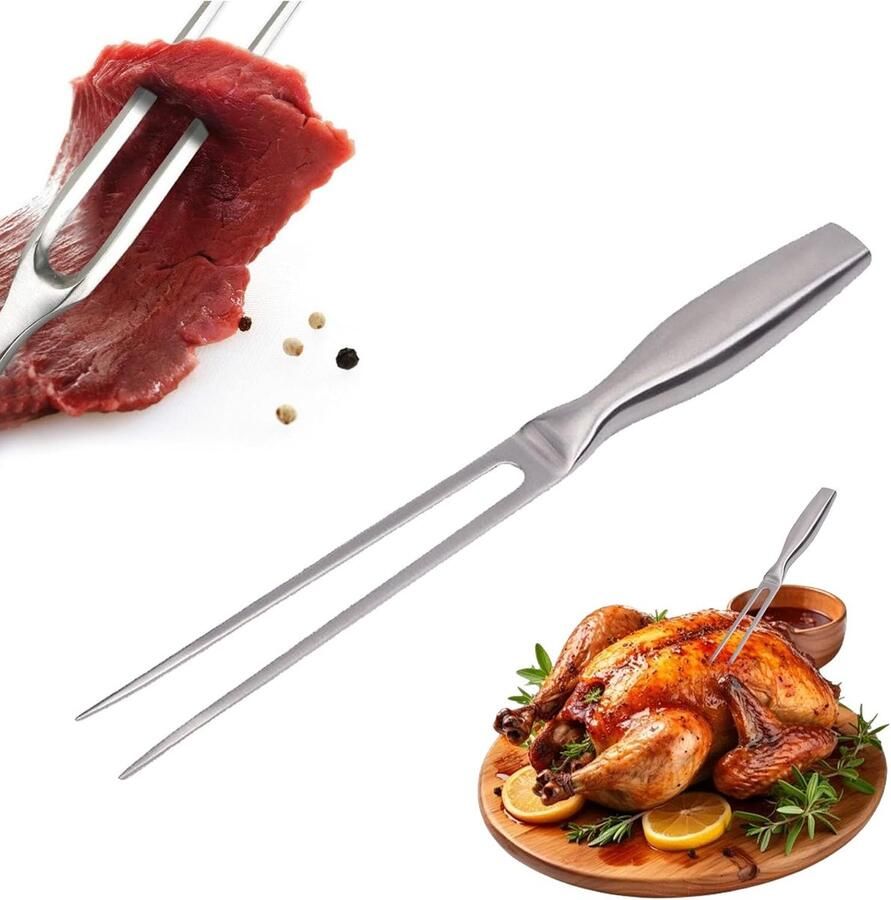 Vleesvork roestvrij staal grillvork met houten handvat 27 cm niet gemakkelijk te buigen met ergonomische handgreep ideaal voor grillen en trancheren