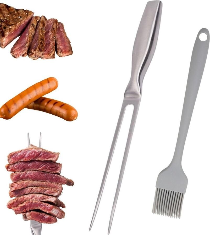 Vleesvork roestvrij staal trancheervork met ergonomische handgreep grillvork van roestvrij staal 27 cm vleesvork met olieborstel voor camping en keuken BBQ